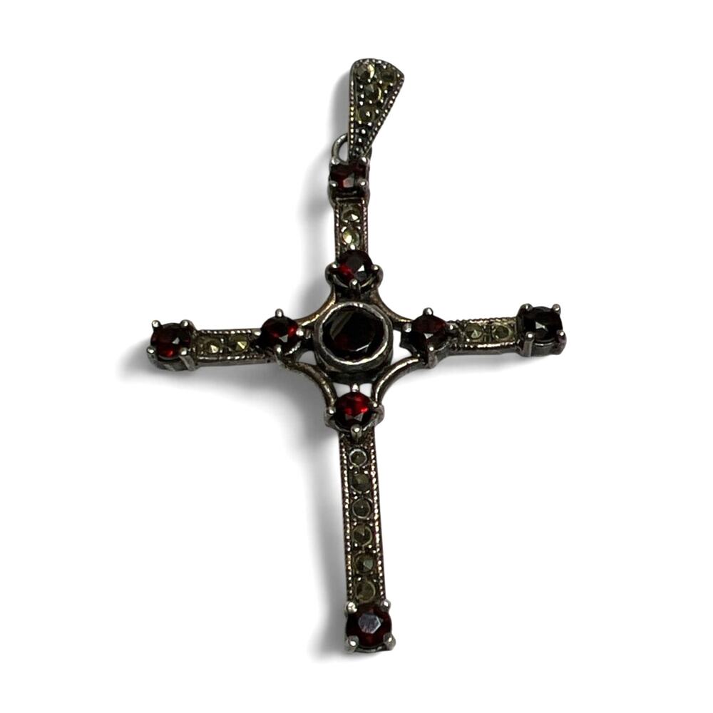 Large Vintage 925 Sterling Silver Garnet & Marcasite Cross Pendant 2.75" 7.87g